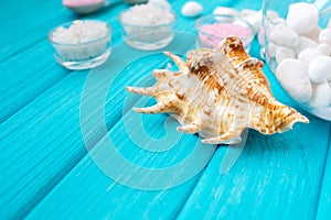 Sea Ã¢â¬â¹Ã¢â¬â¹salt in a glass white stones and Shell for spa and relaxation on a blue background